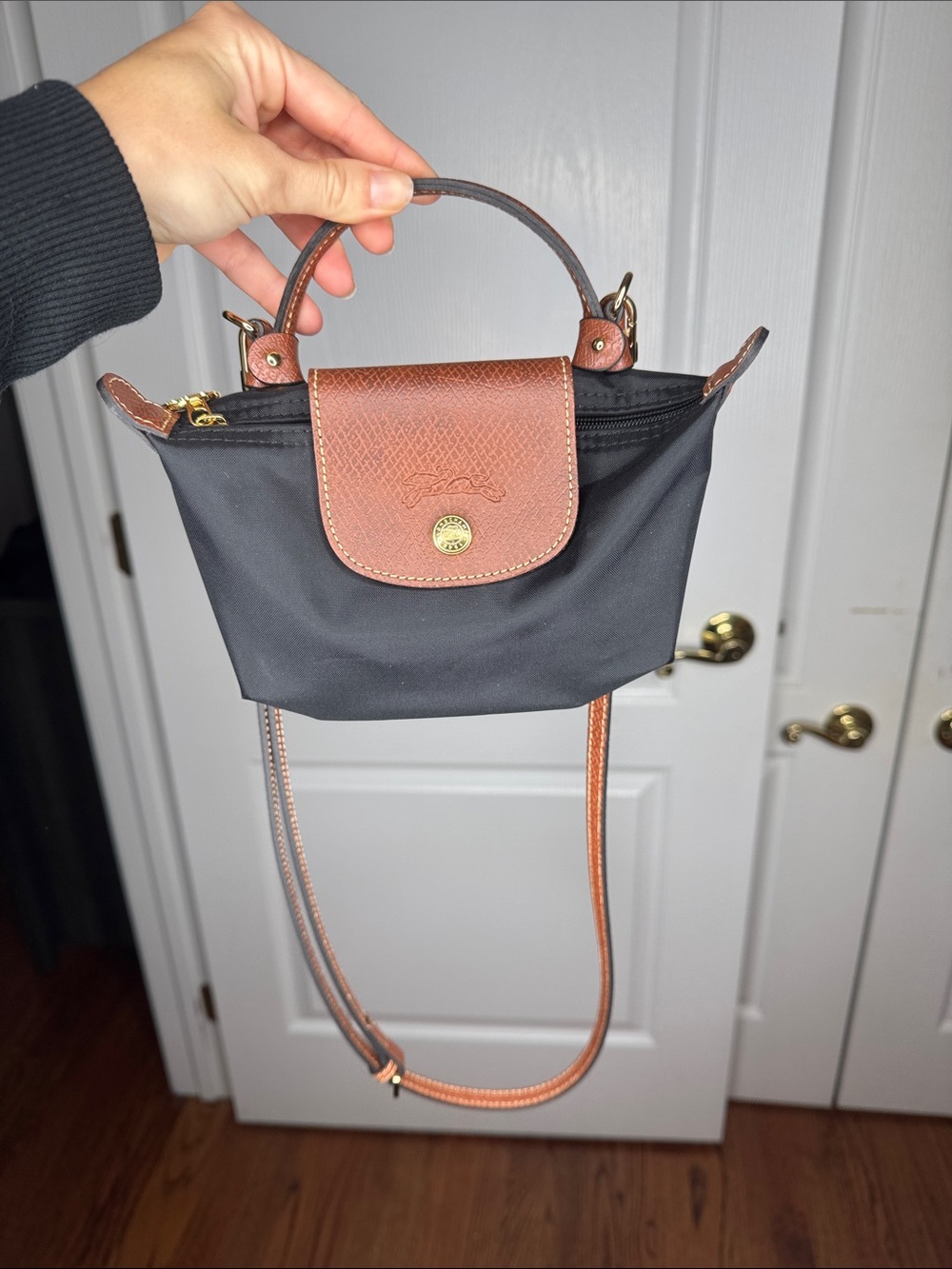 Longchamp Mini Crossbody Bag in Black with Brown Trim